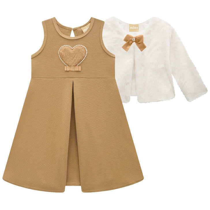 Conjunto Infantil Feminino Milon Vestido Canelado e Bolero de Pelúcia