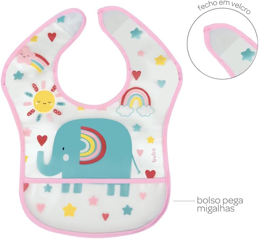 Babador com Pega Migalhas Buba Elefante Arco-Íris Impermeável 3m+