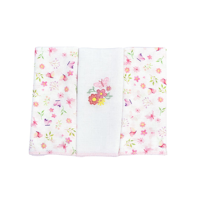 Kit Fralda Muito Mimo Bordada com Bainha Enxoval 3 Peças 70x70cm