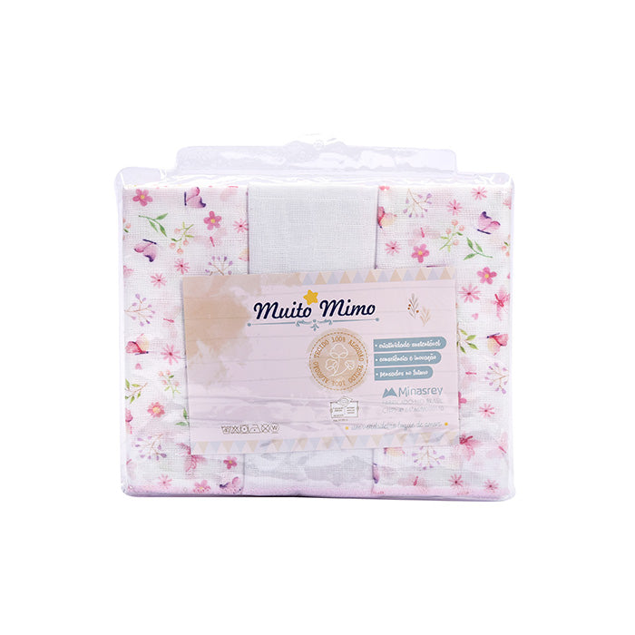 Kit Fralda Muito Mimo Bordada com Bainha Enxoval 3 Peças 70x70cm