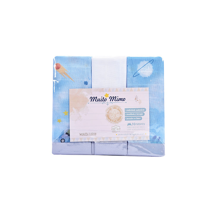 Kit Pano de Boca Muito Mimo Bordado Enxoval Estampado 3 Peças