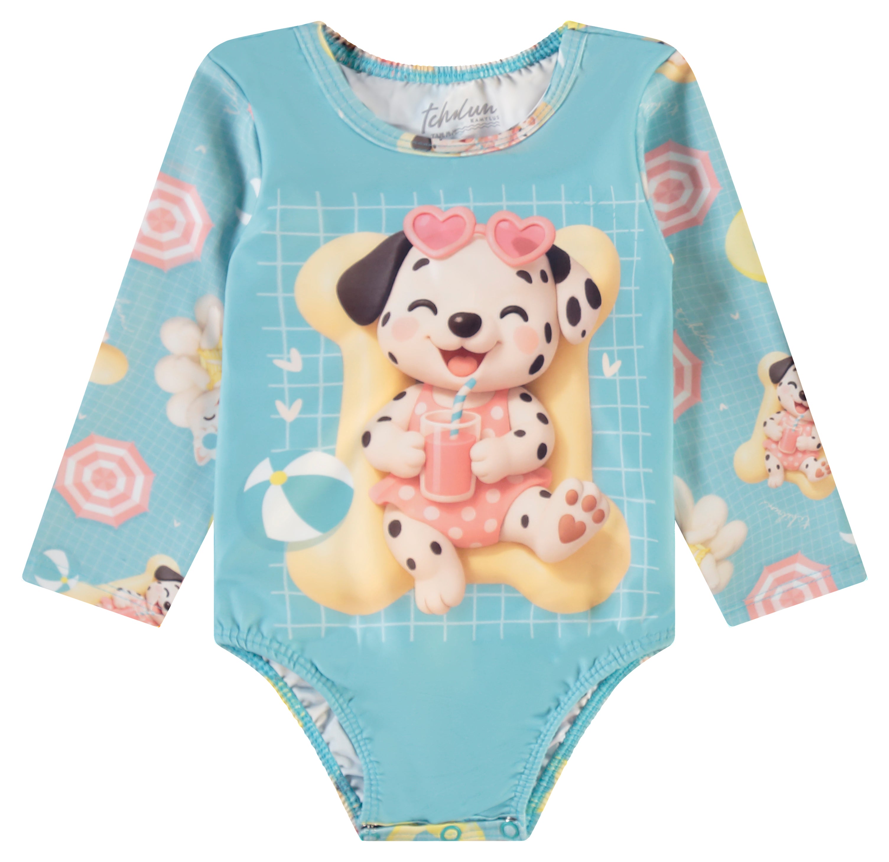 Maiô Manga Longa Infantil Baby Kamylus Tchibum Cachorrinha com Chapéu Proteção UV 50+ Dri-Fit