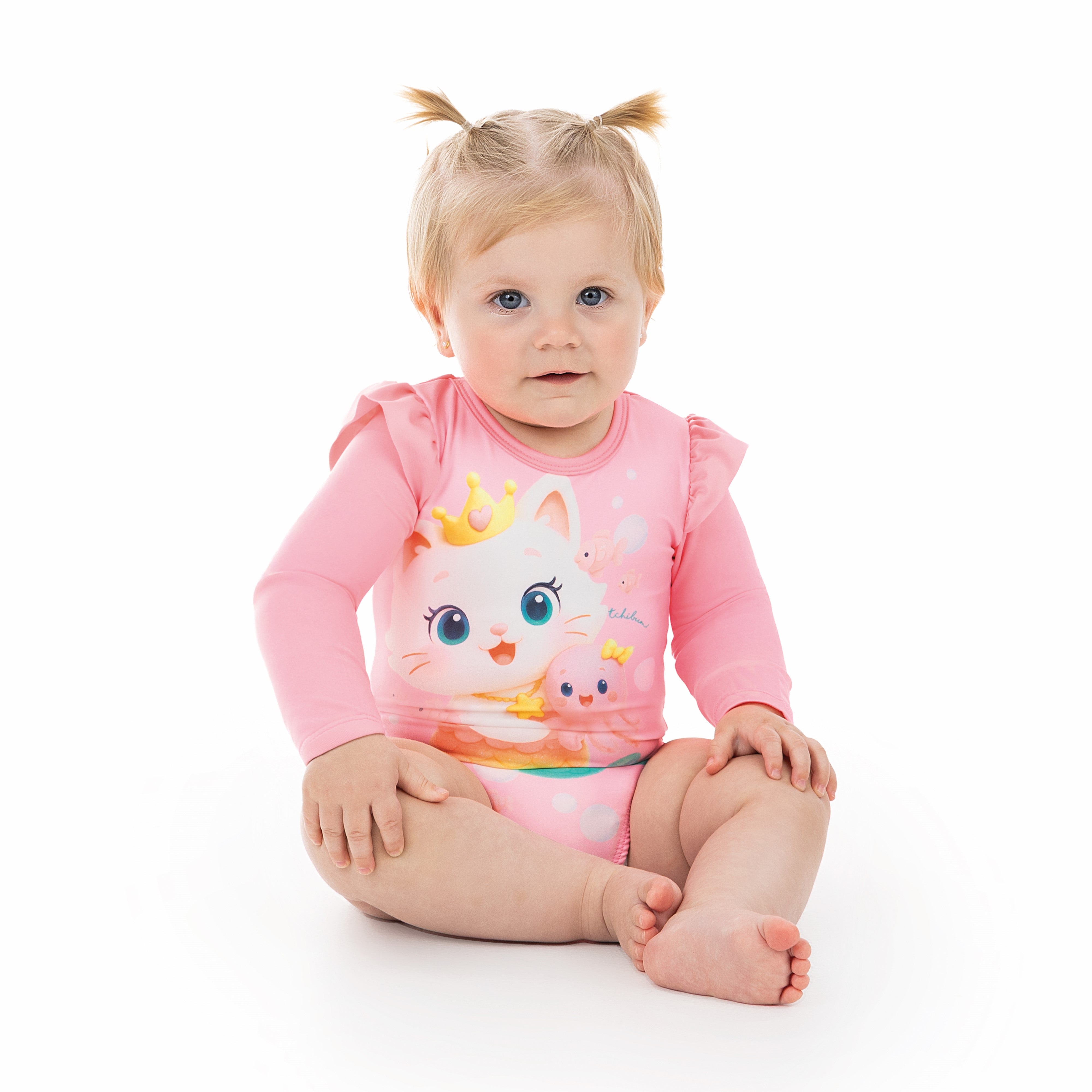 Maiô Manga Longa Infantil Feminino Kamylus Tchibum Gatinha Sereia Proteção UV 50+ Dri-Fit