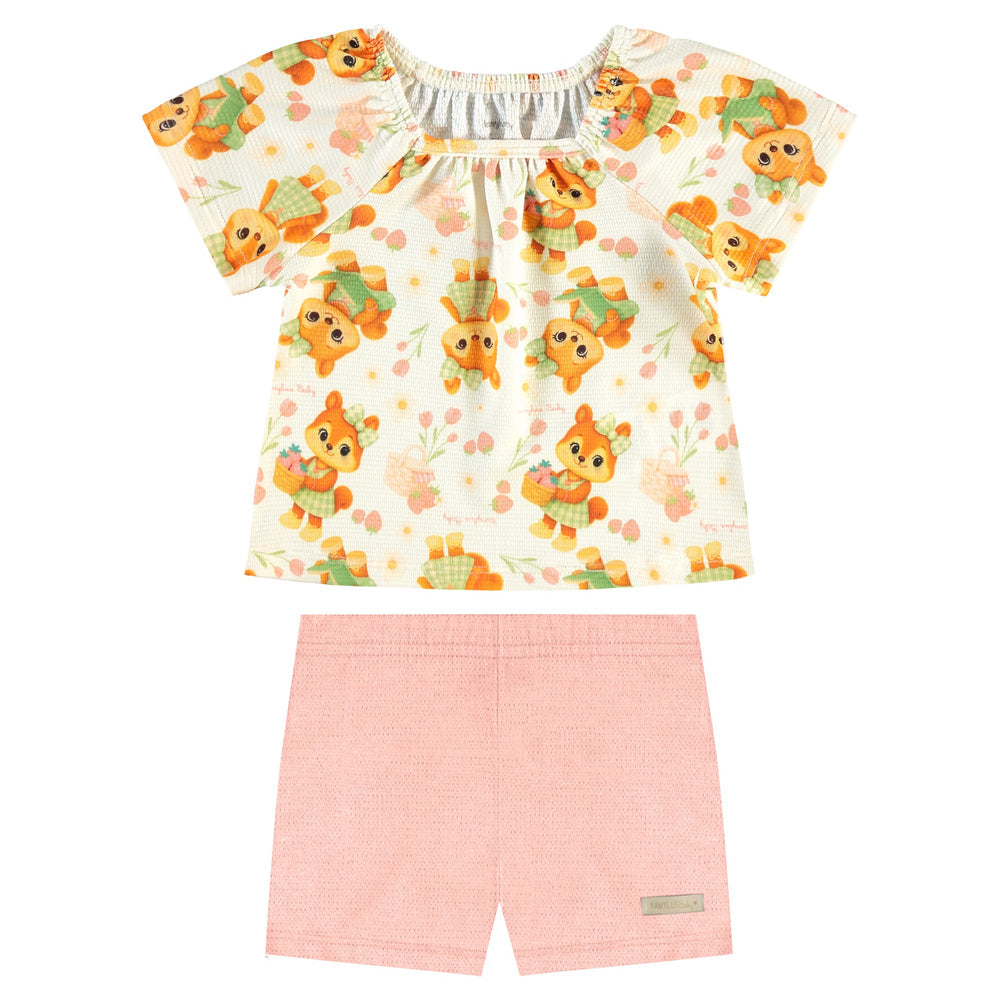 Conjunto Infantil Feminino Kamylus Batinha Favinho Sublimado e Shorts Piqué