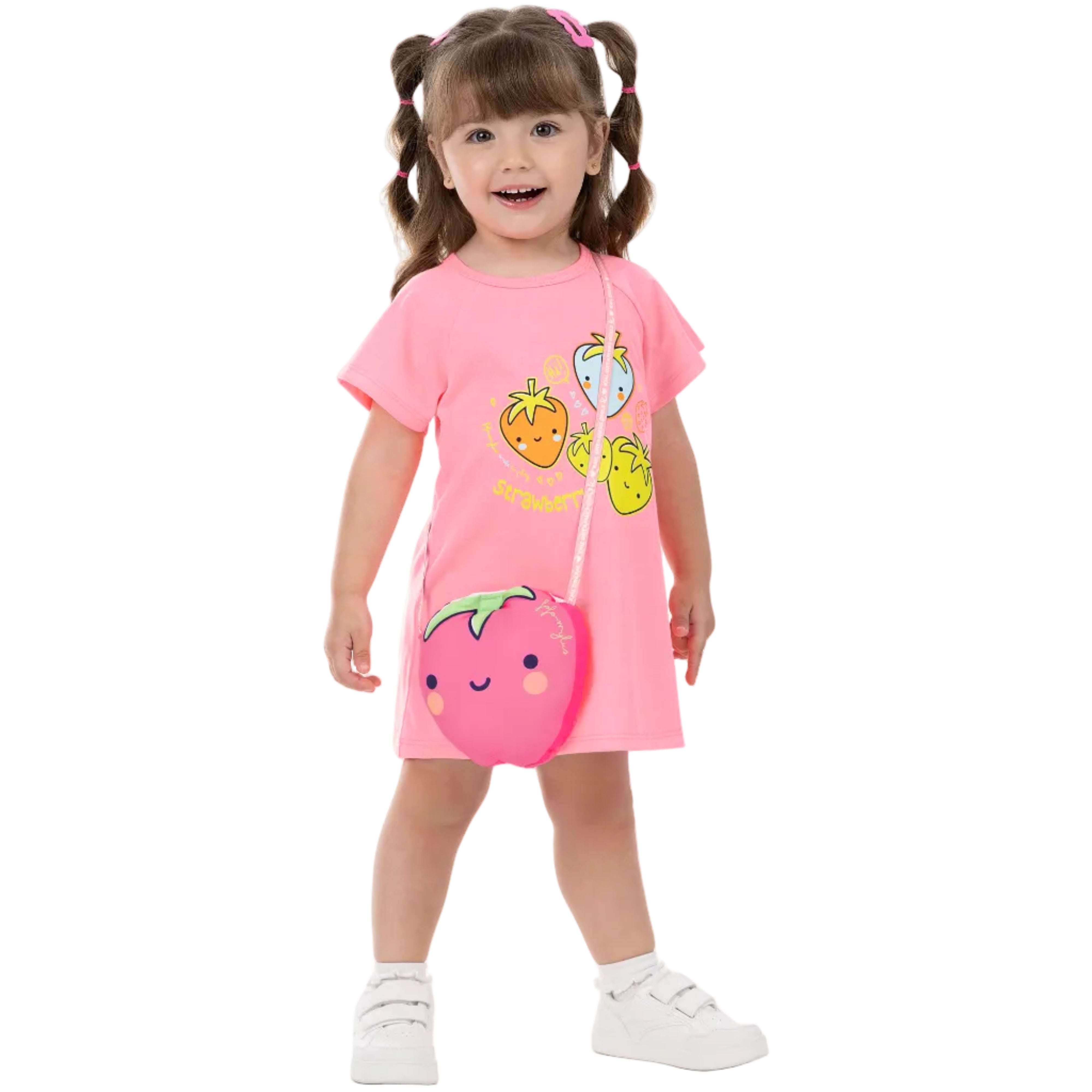 Vestido Infantil Feminino Kamylus Strawberry Malha PA e Bolsa Morango