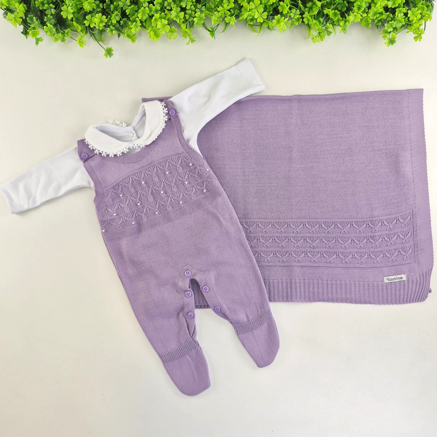 Saída de Maternidade Tamine Baby Naty 3 Pçs - Delicadeza Clássica e Brilho de Pérolas em Tricot Premium