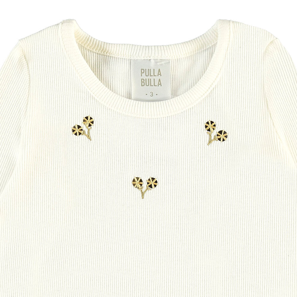 Blusa Infantil Feminina Pulla Bulla Manga Longa Canelada com Bordado Florzinhas