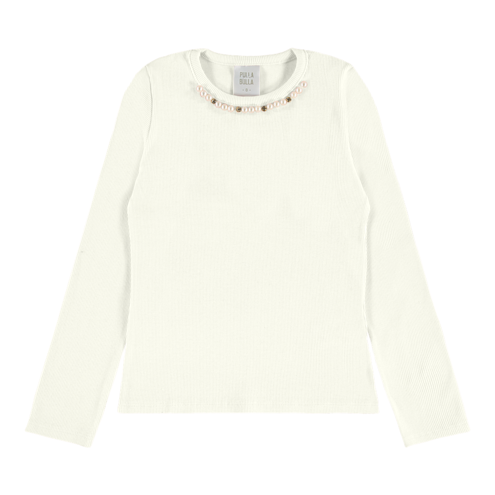 Blusa Infantil Feminina Pulla Bulla Manga Longa Canelada com Aplique de Pérolas
