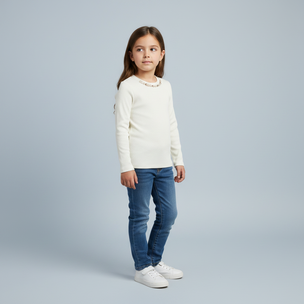 Blusa Infantil Feminina Pulla Bulla Manga Longa Canelada com Aplique de Pérolas