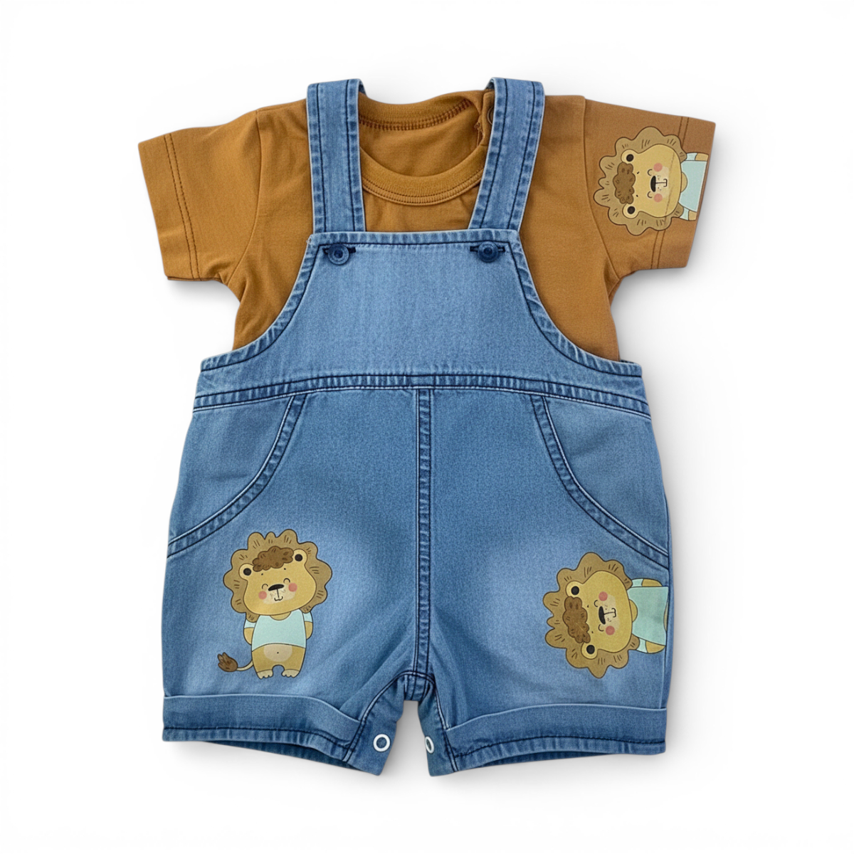 Jardineira Jeans Masculina Infantil Brokinha Leãozinho com Blusa