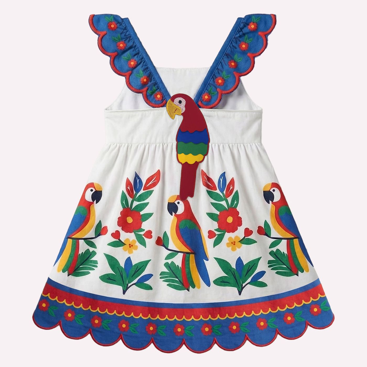 Vestido Infantil Feminino Nanai Araras Bordado com Barrado Ondulado