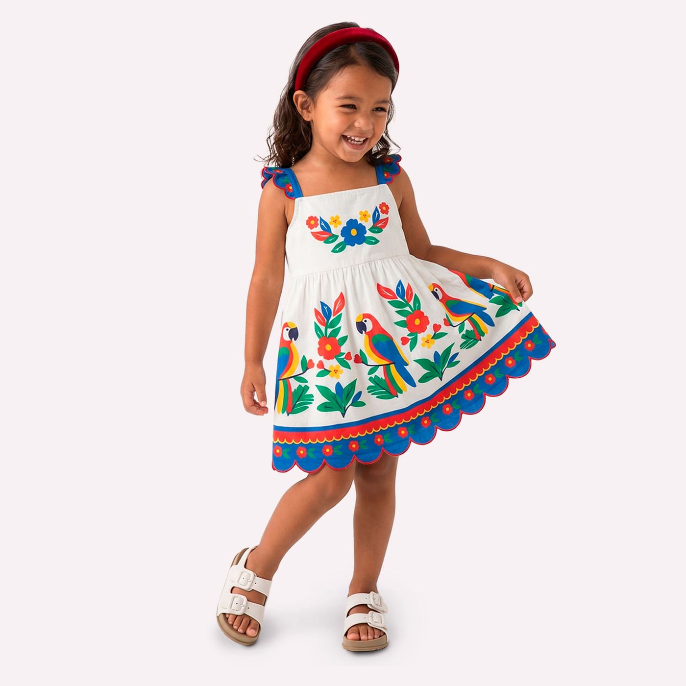 Vestido Infantil Feminino Nanai Araras Bordado com Barrado Ondulado