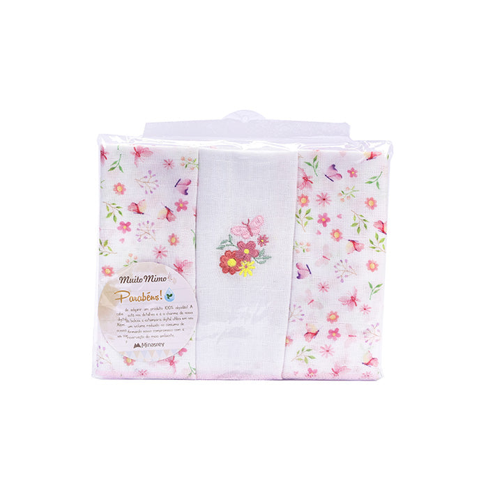 Kit Fralda Muito Mimo Bordada com Bainha Enxoval 3 Peças 70x70cm