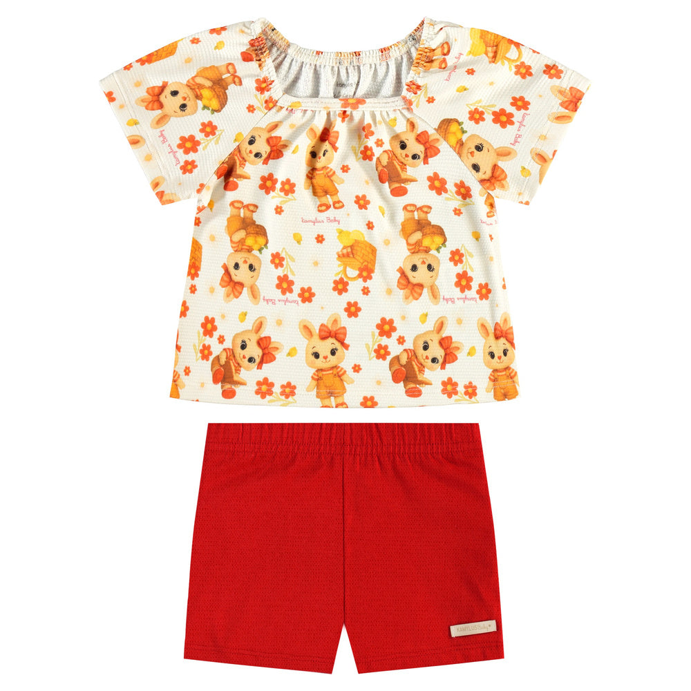 Conjunto Infantil Feminino Kamylus Batinha Favinho Sublimado e Shorts Piqué