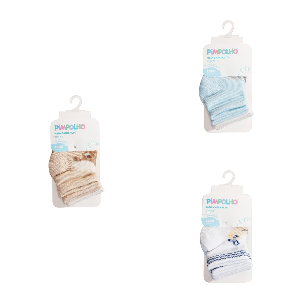 Kit Meia Infantil Masculina Pimpolho Colorida RN / Prematuro - Conforto e Proteção com 3 Pares