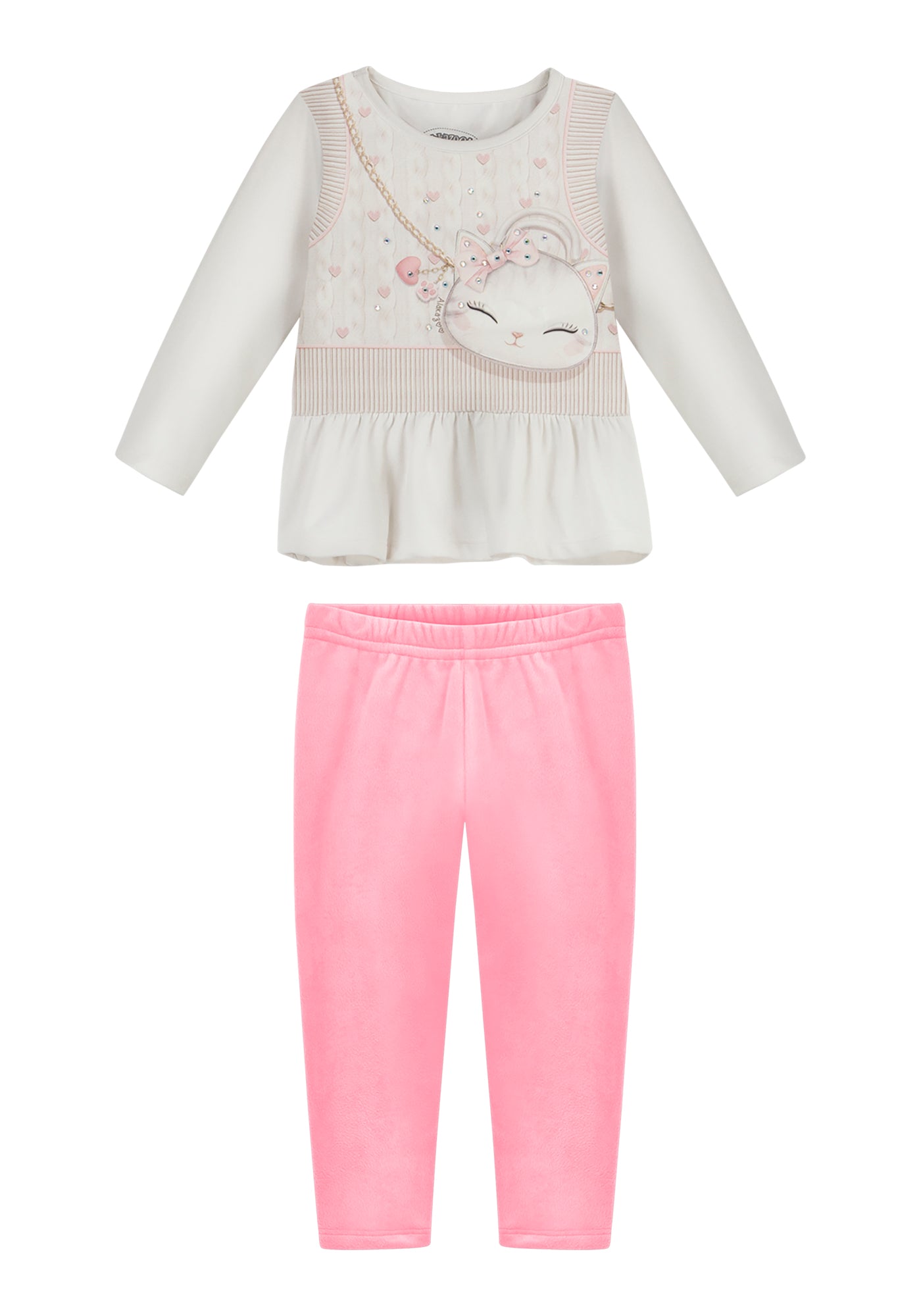 Conjunto Infantil Feminino Alakazoo Bolsa de Gatinha Manga Longa em Malha Modelli e Plush