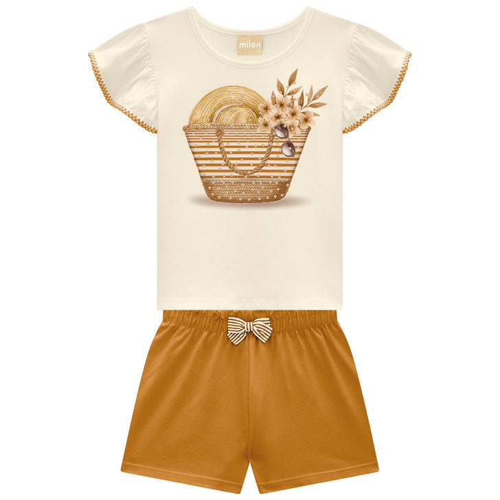 Conjunto Infantil Feminino Milon Bolsa de Praia Blusa Cotton e Shorts Moletinho