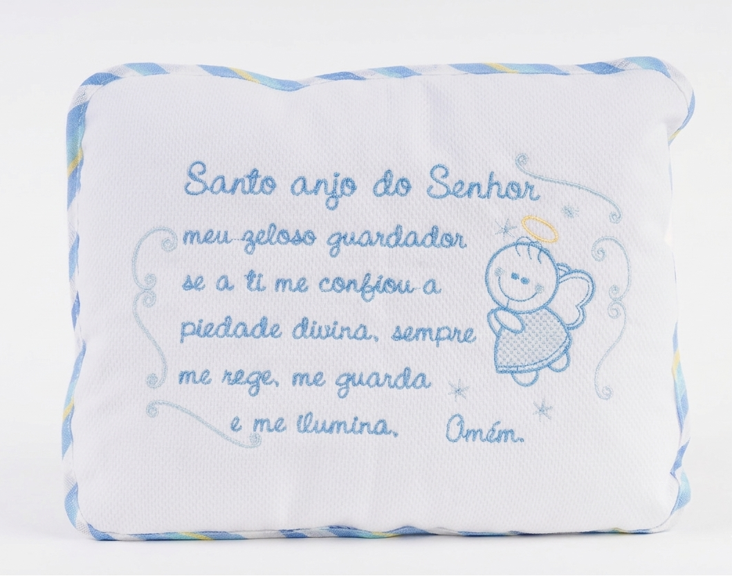Travesseiro Infantil Anjo Bordado com Oração do Santo Anjo 28x35 cm