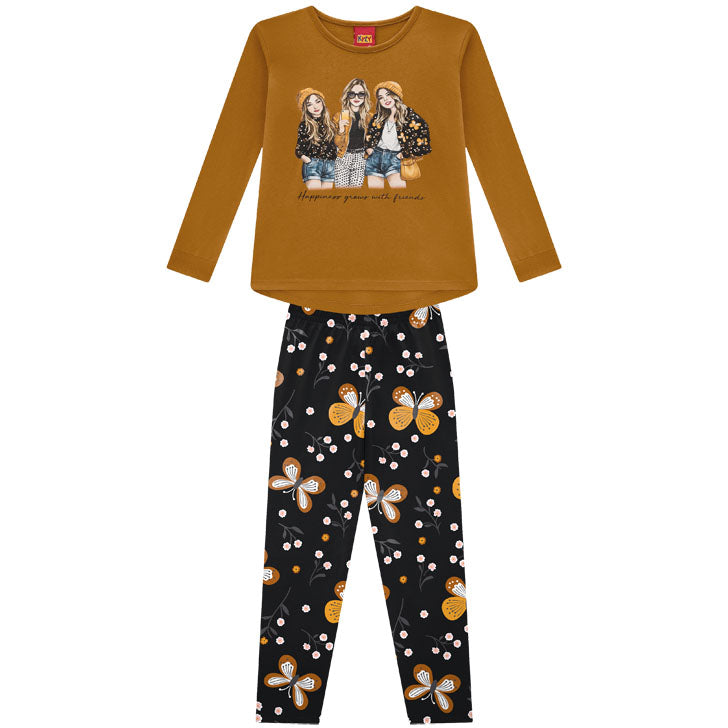 Conjunto Infantil Feminino Kyly Blusa Happiness Friends e Legging Cotton