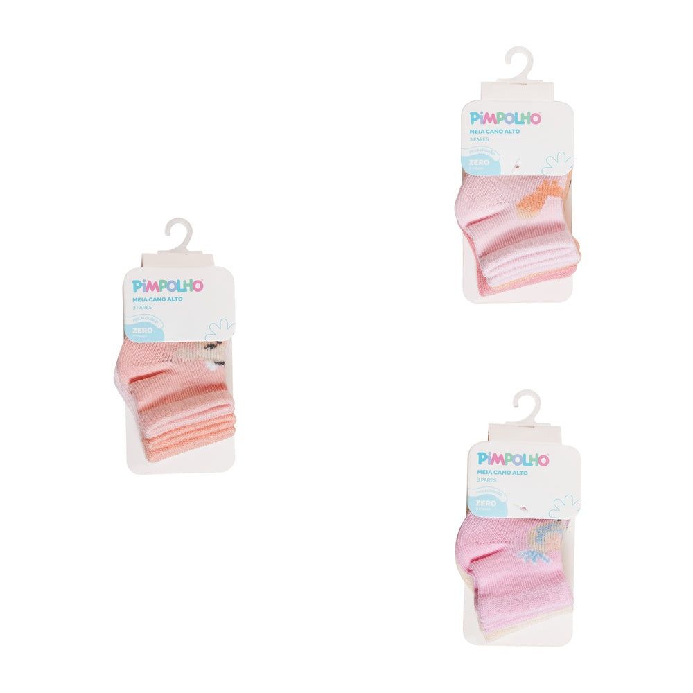 Kit Meia Infantil Feminina Pimpolho Colorida RN / Prematuro - Conforto e Proteção com 3 Pares