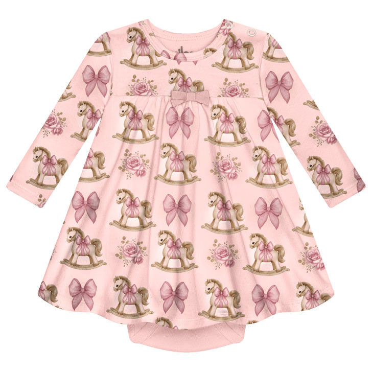 Vestido Bebê Menina Milon Manga Longa Cavalinho com Body Interno