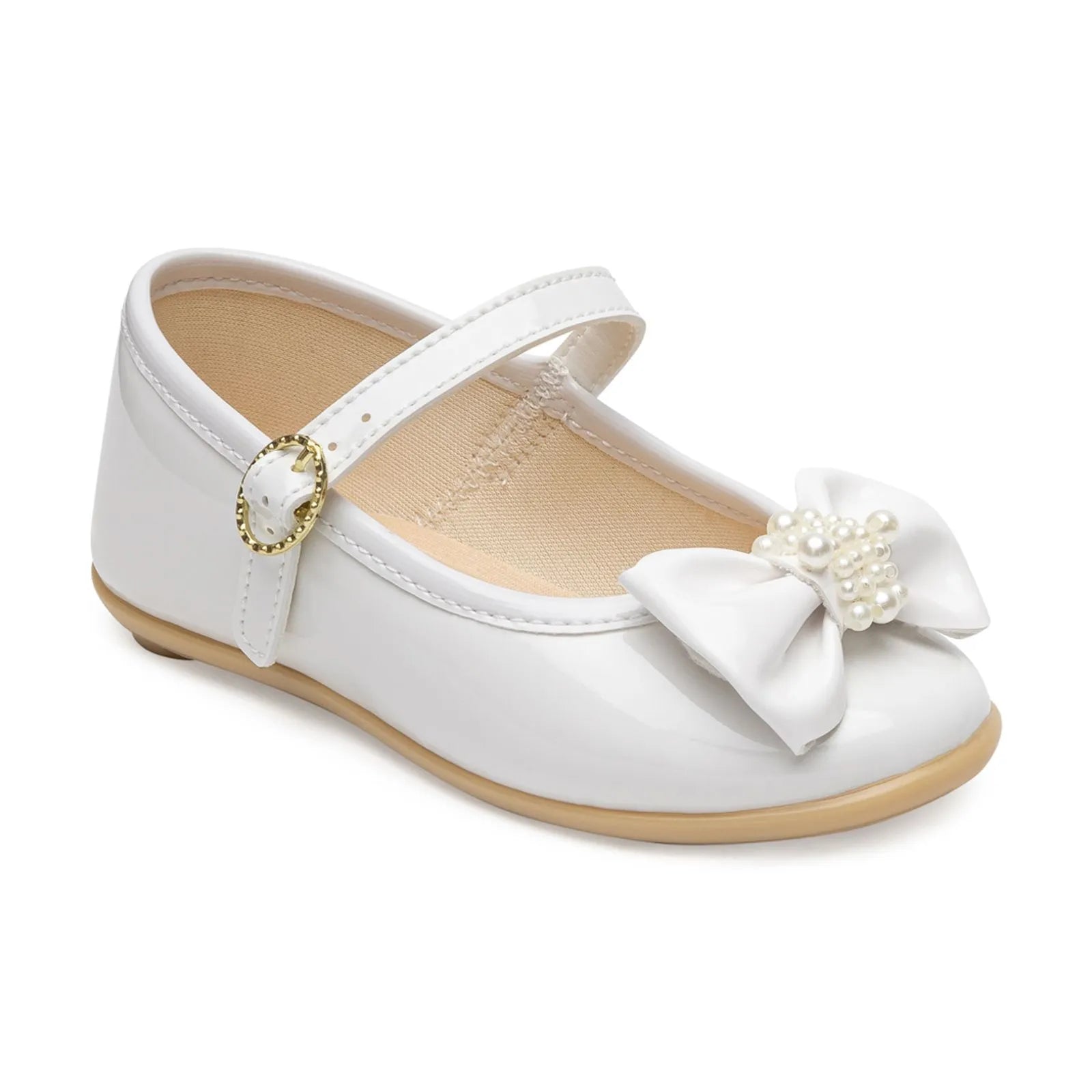 Sapatilha Pimpolho Verniz Branco com Laço e Pérolas – Elegância para os Primeiros Passos