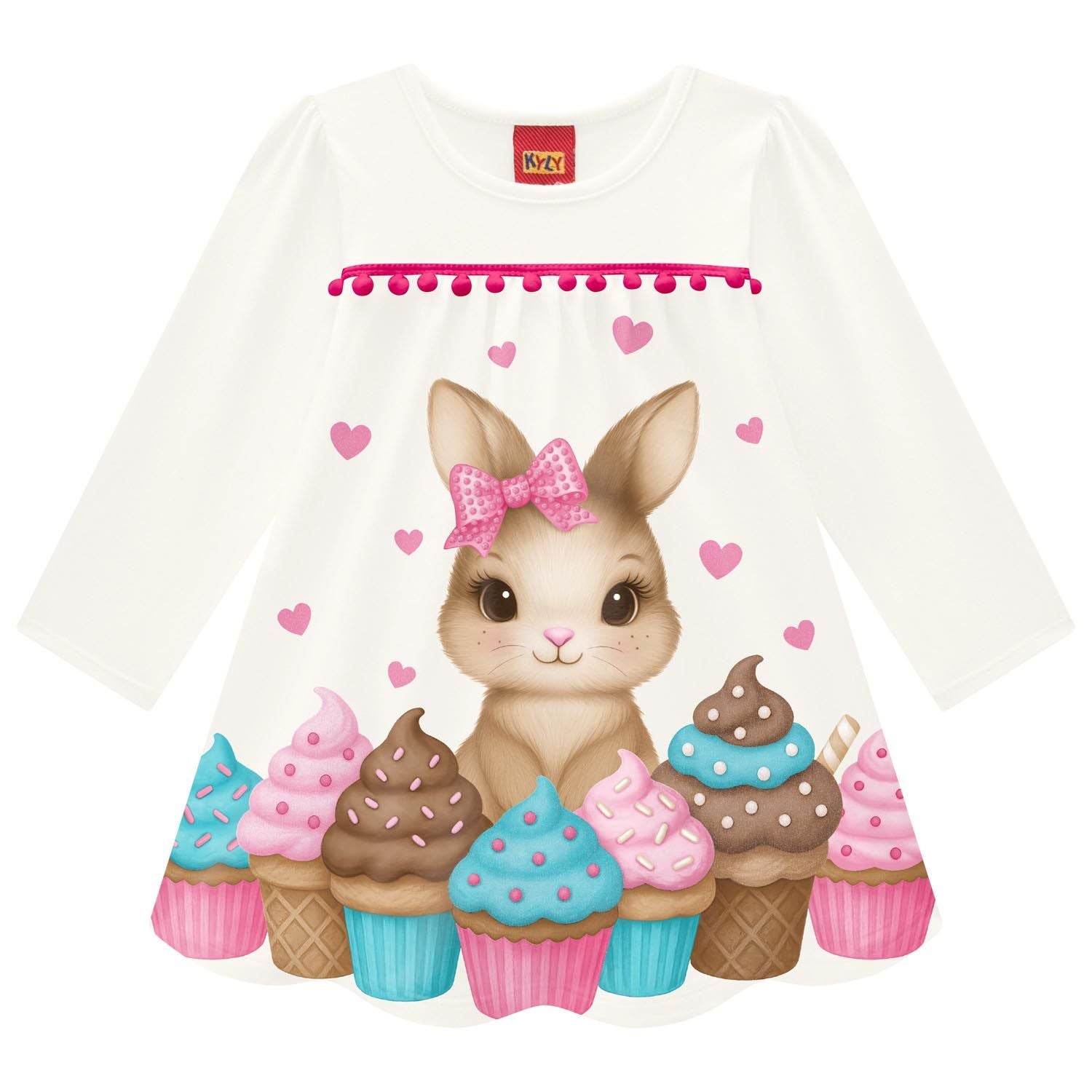 Vestido Infantil Feminino Kyly Manga Longa Coelhinha e Cupcakes
