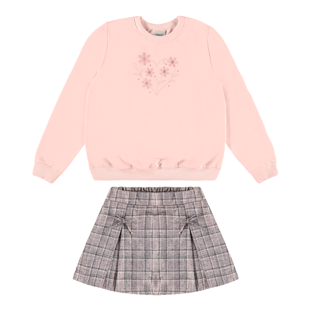 Conjunto Infantil Feminino Pulla Bulla Blusão de Moletom Bordado e Saia Shorts Xadrez