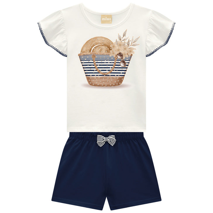 Conjunto Infantil Feminino Milon Bolsa de Praia Blusa Cotton e Shorts Moletinho