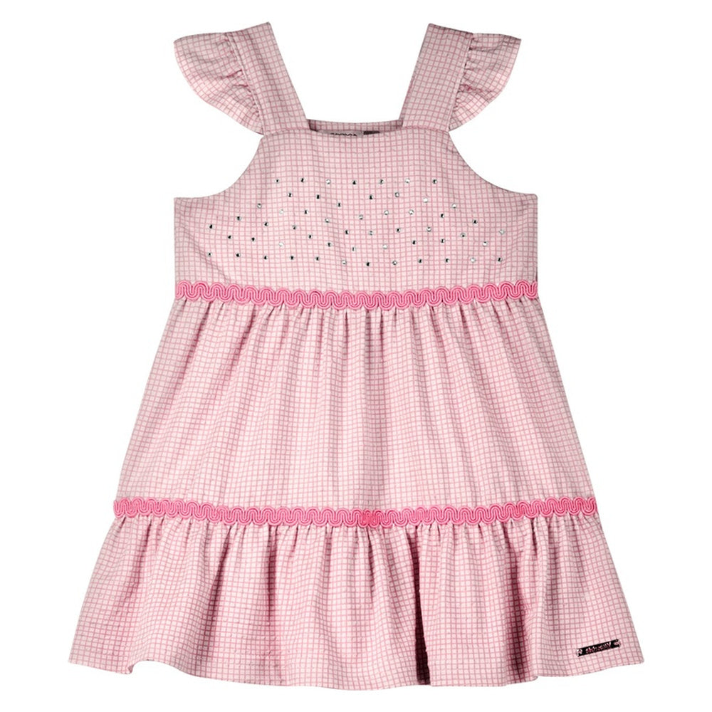 Vestido Infantil Feminino Alakazoo Xadrez Malha Nikko com Strass e Babados