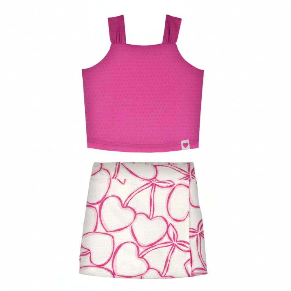 Conjunto Infantil Feminino Alakazoo Cerejas Coração Malha Nikko Cropped e Short-Saia