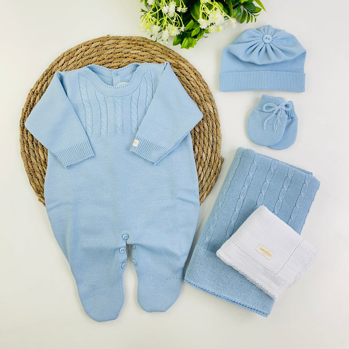 Saida De Maternidade Macacão Sanches Baby Trança Em Tricot 5 Peças
