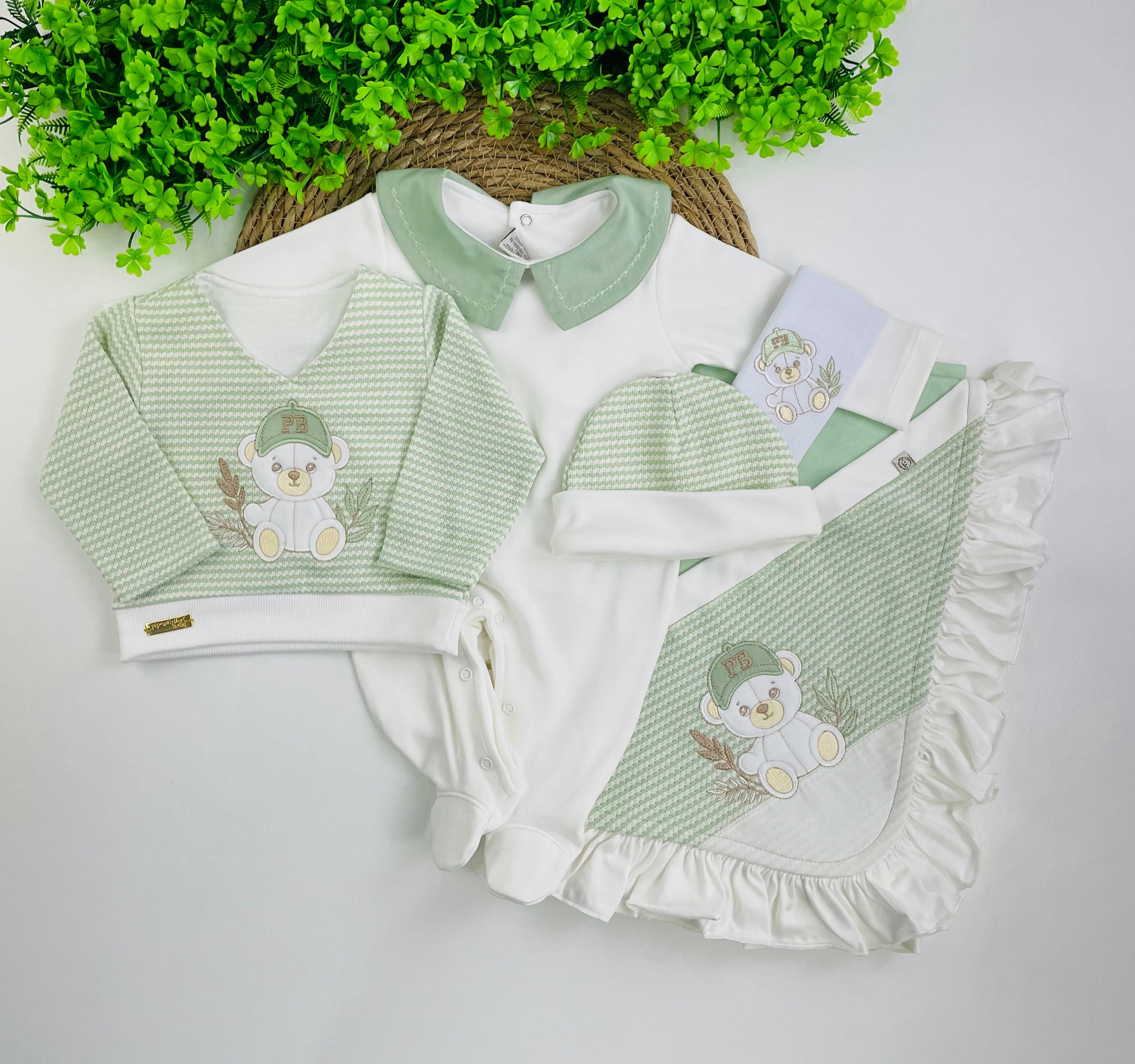 Saida De Maternidade Pipoquinhas Baby Urso Boné 5 Peças