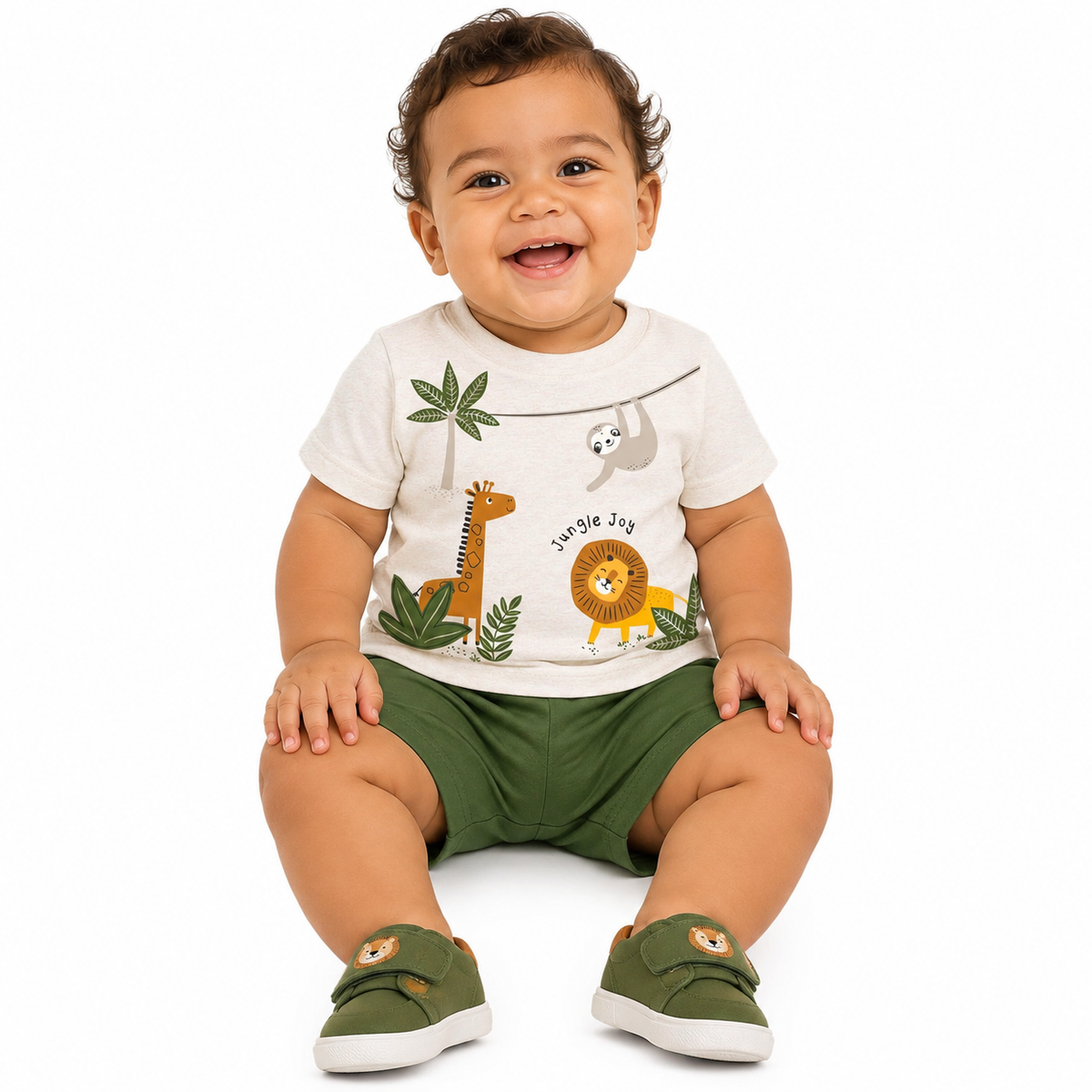 Conjunto Infantil Masculino Bebê Kyly Jungle Joy Camiseta Meia Malha e Bermudinha
