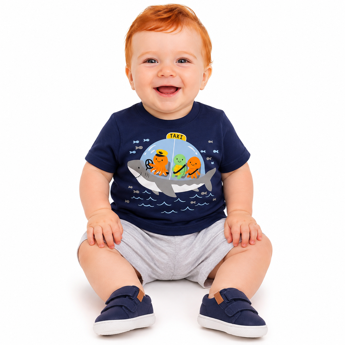 Conjunto Infantil Masculino Bebê Kyly Táxi Submarino Camiseta Meia Malha e Bermudinha