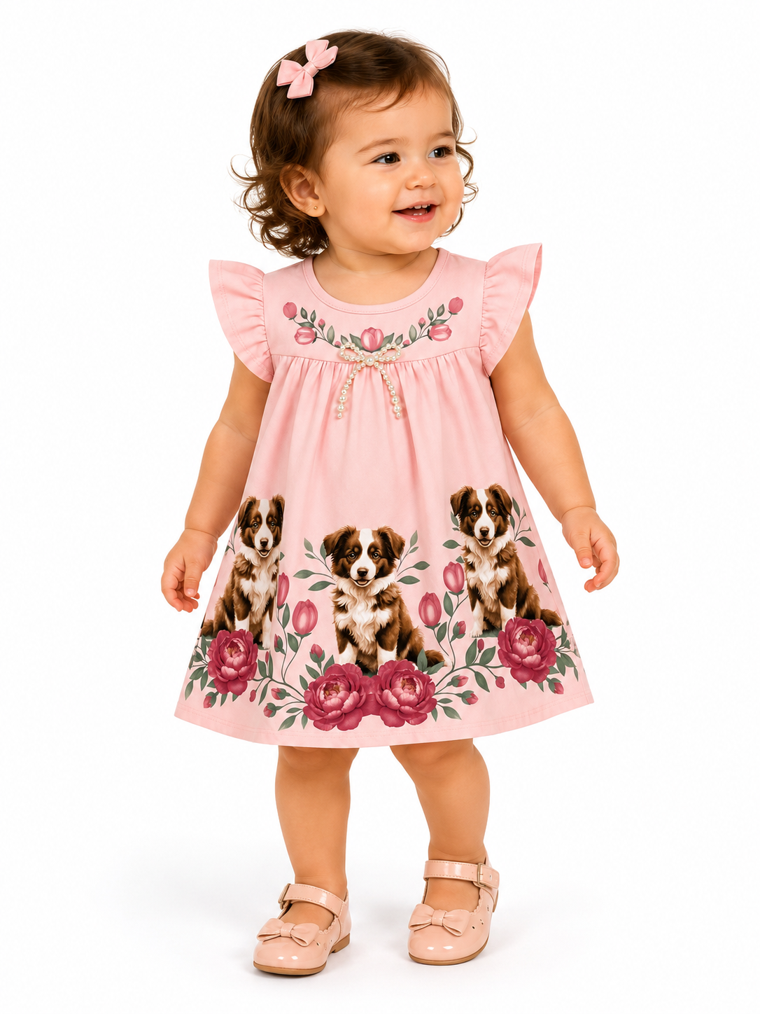 Vestido Milon Cachorrinho Rosa e Lacinho de Pérolas