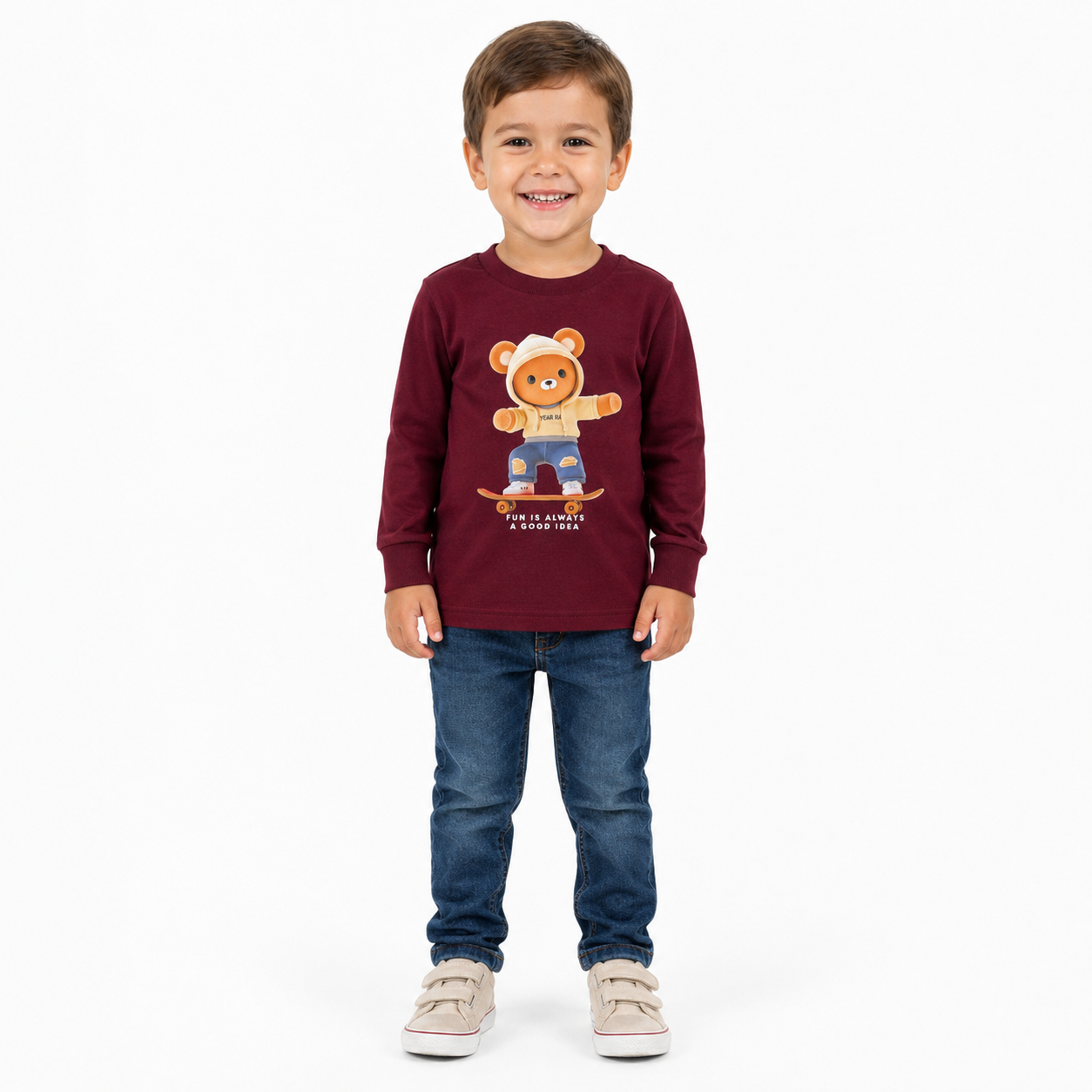 Camiseta Manga Longa Masculina Brincar e Arte Year Ursinho Meia Malha
