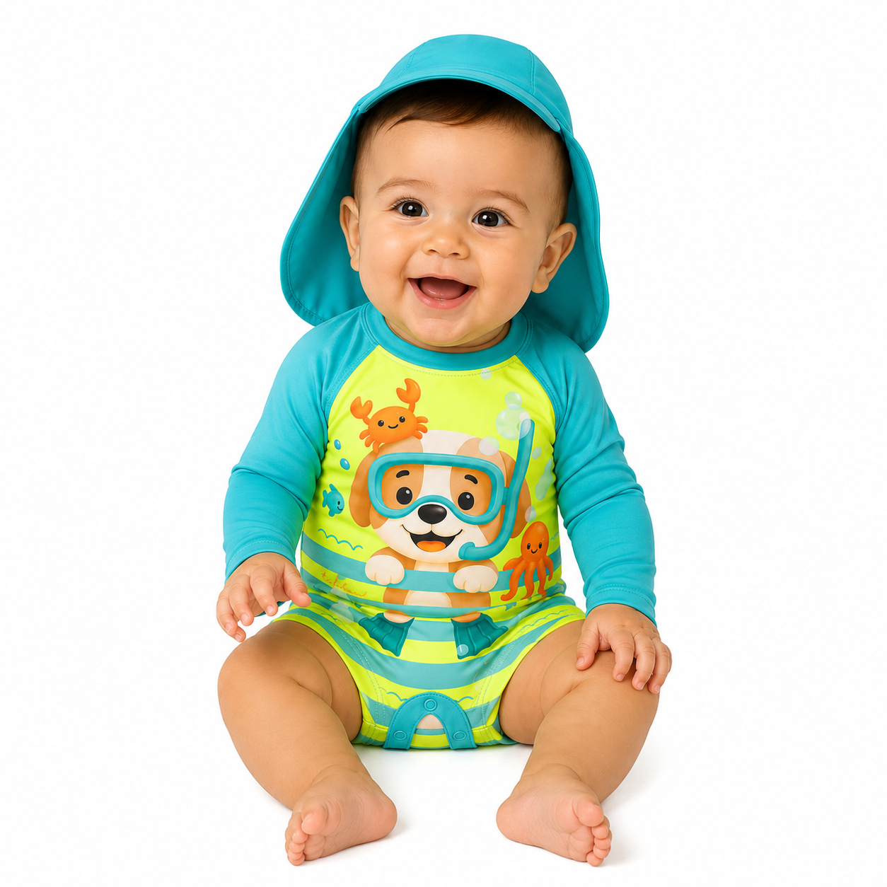 Conjunto Macaquinho de Praia com Chapéu Infantil Baby Kamylus Tchibum Cachorrinho Proteção UV 50+ Dri-Fit