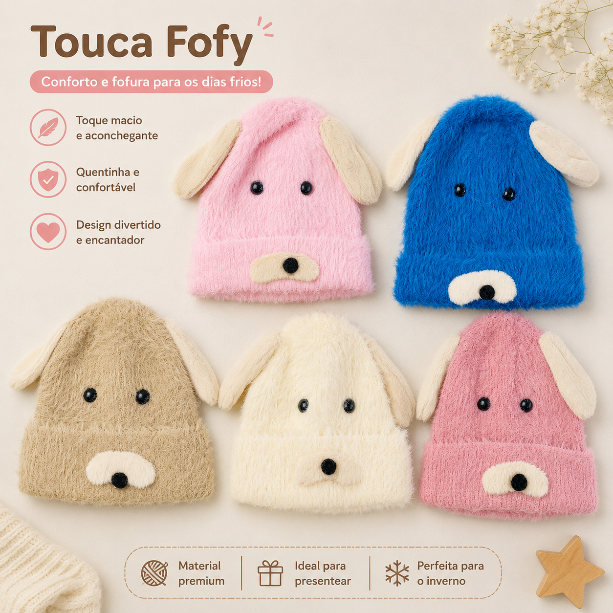 Touca Infantil Tigre Modas Cachorrinho em Microfleece/Plush Tamanho Único