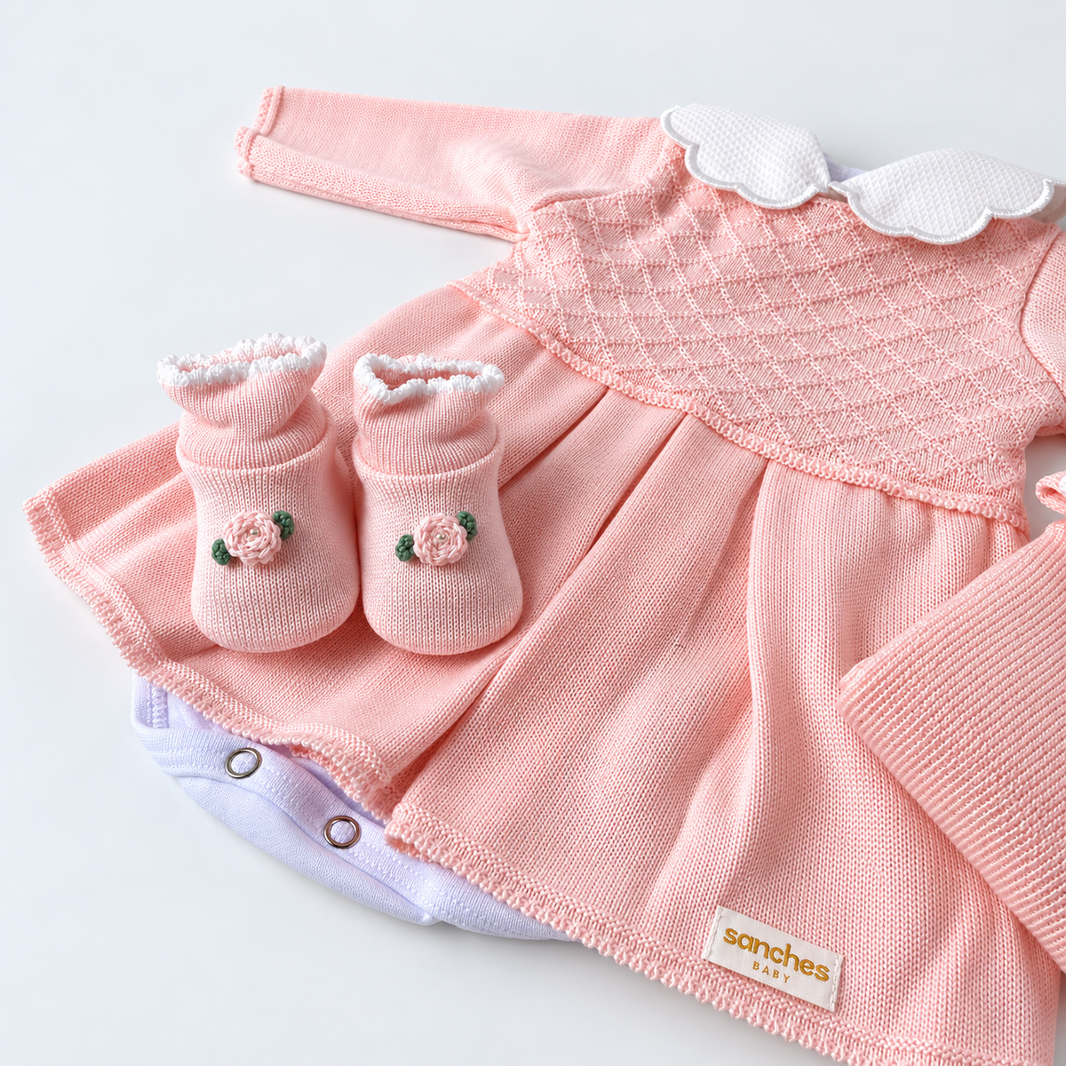 Kit Vestidinho Sanches Baby em Tricot 5 Peças