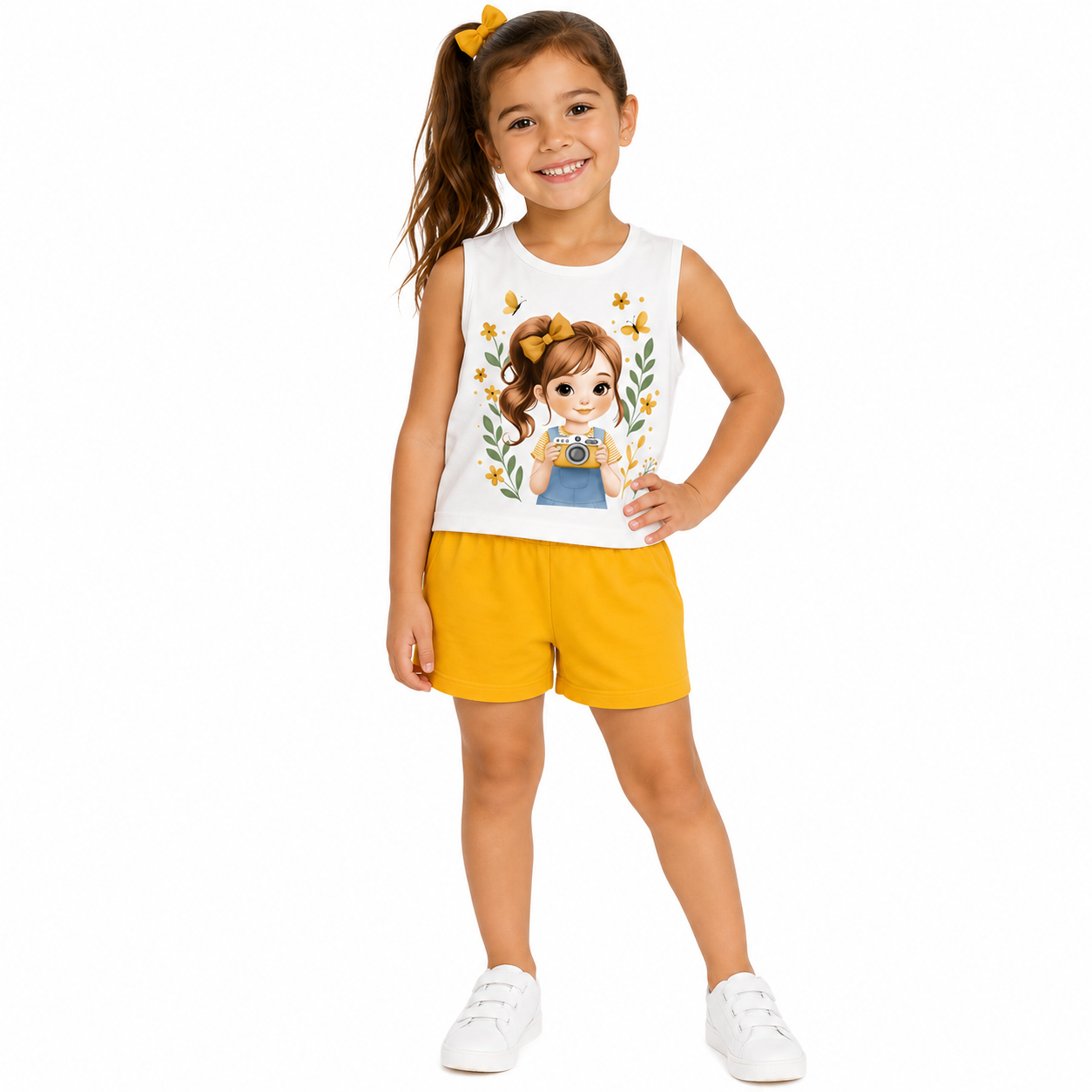 Conjunto Infantil Feminino Kyly Menina Fotógrafa Regata e Shorts