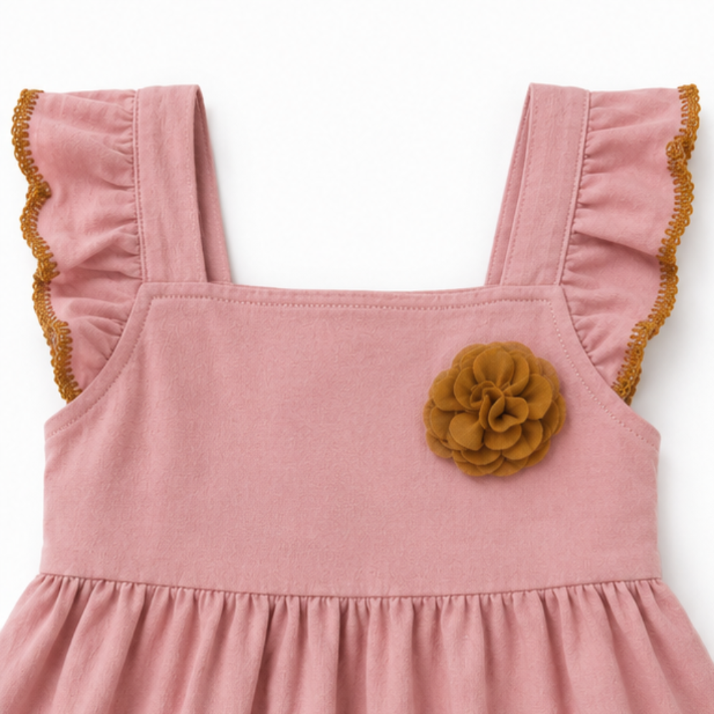 Vestido Infantil Feminino Kyly Romântico com Aplicação de Flor e Barrado Ondulado