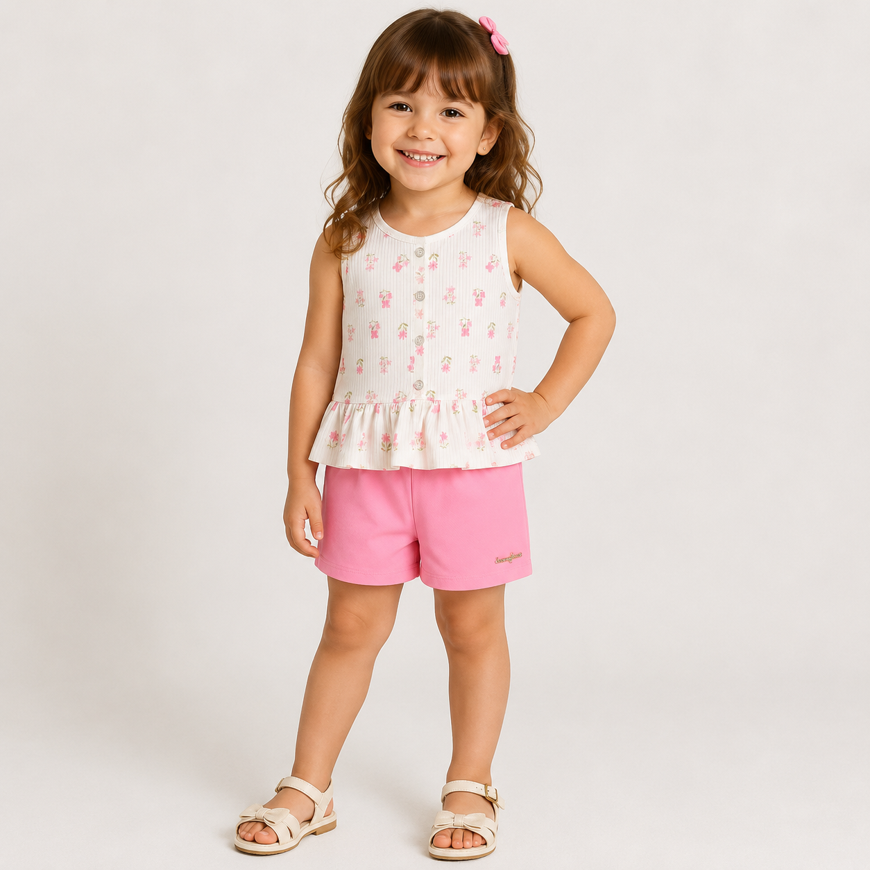 Conjunto Infantil Feminino Kamylus Florzinhas Regata e Shorts Soltinho