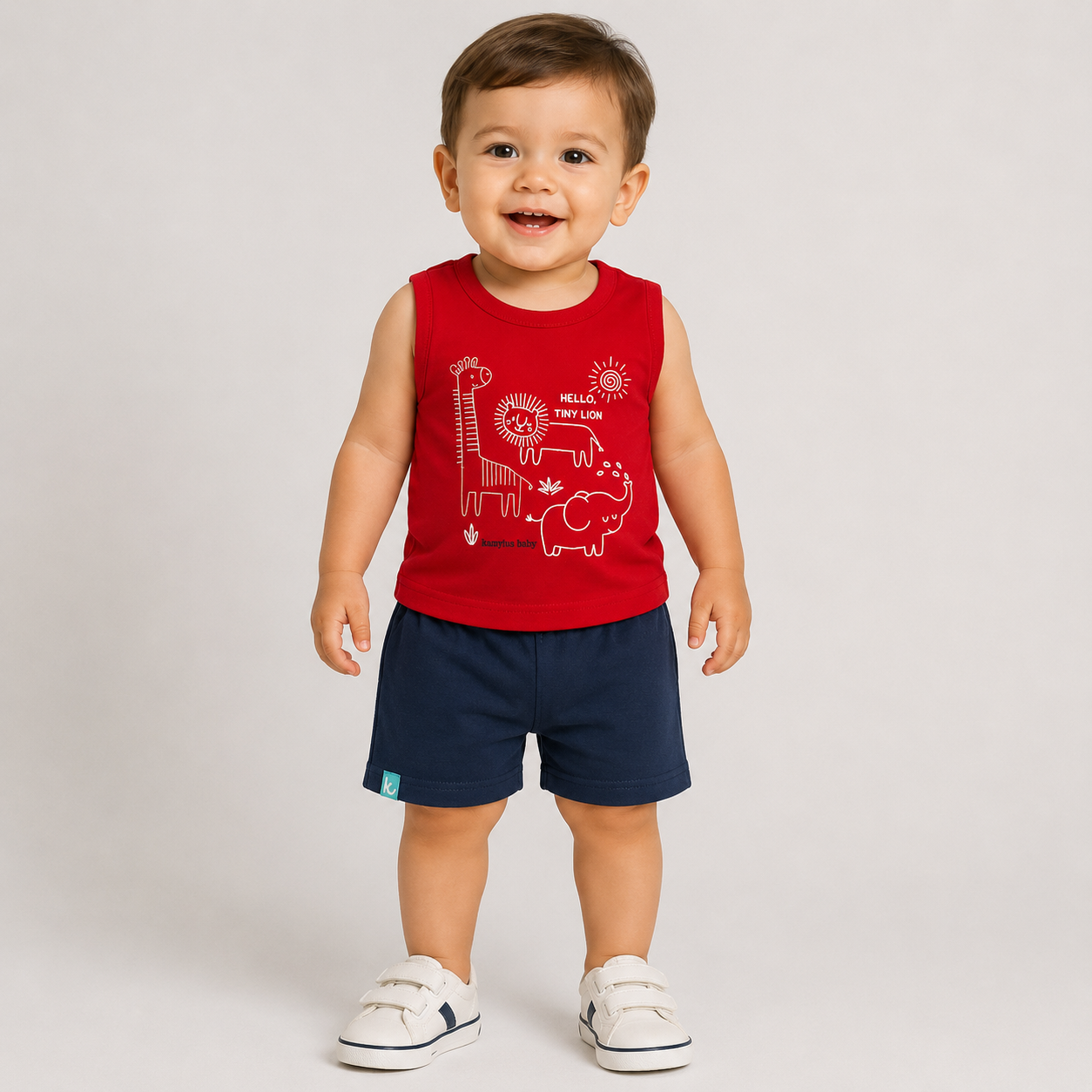 Conjunto Bebê Masculino Kamylus Hello Tiny Lion Regata e Shorts