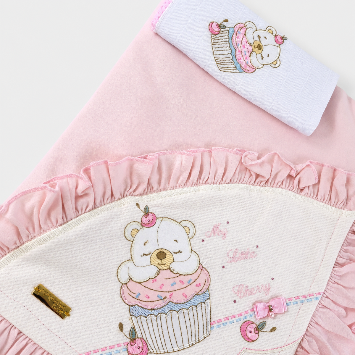 Saída de Maternidade Feminina Pipoquinhas Baby Suedine Ursa Cupcake 3 Peças