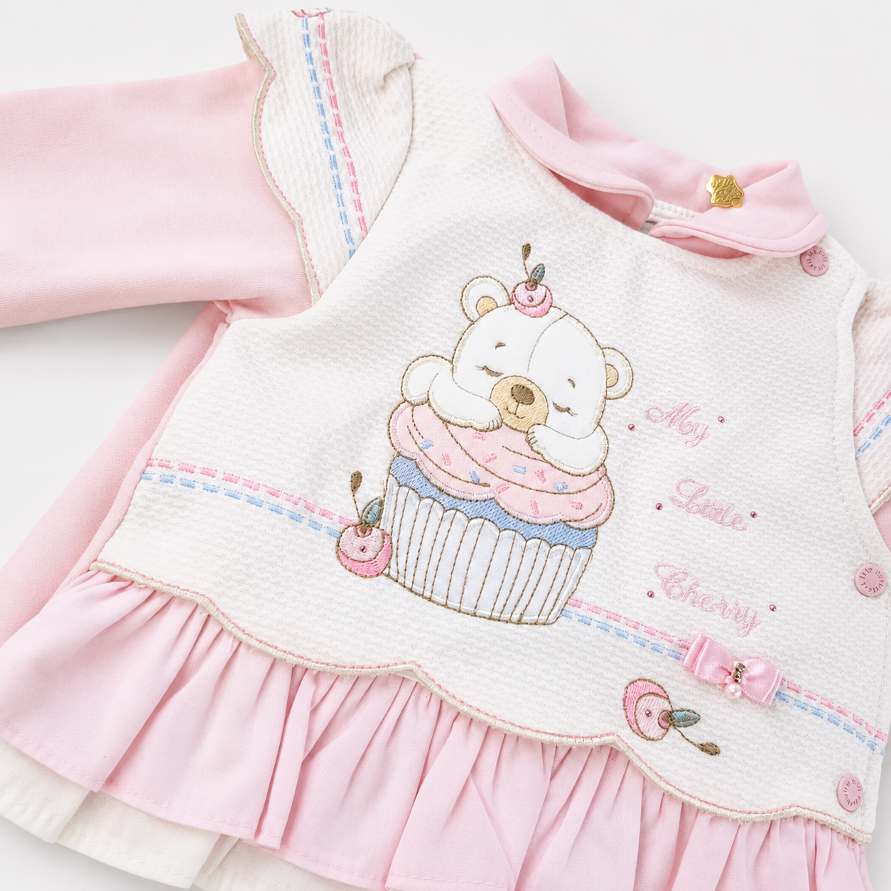 Saída de Maternidade Feminina Pipoquinhas Baby Suedine Ursa Cupcake 3 Peças