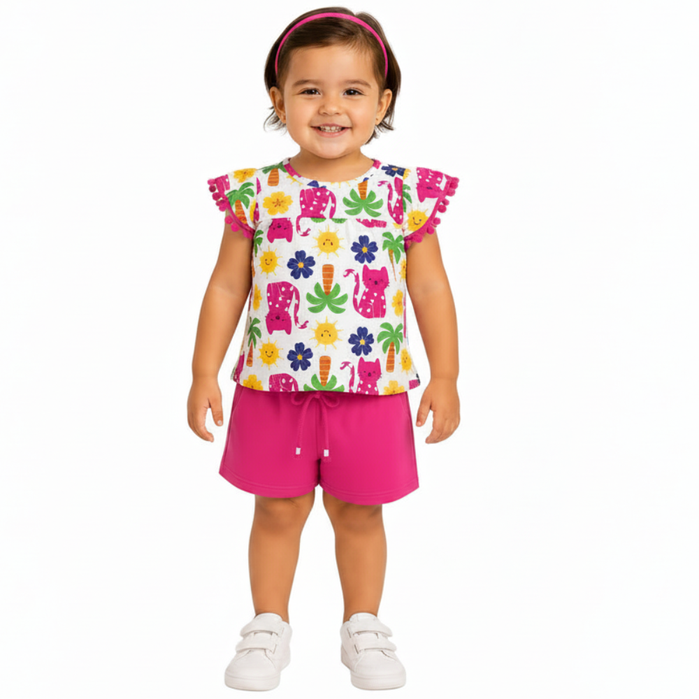 Conjunto Infantil Feminino Kyly Blusa Tropical Gatinhas e Short