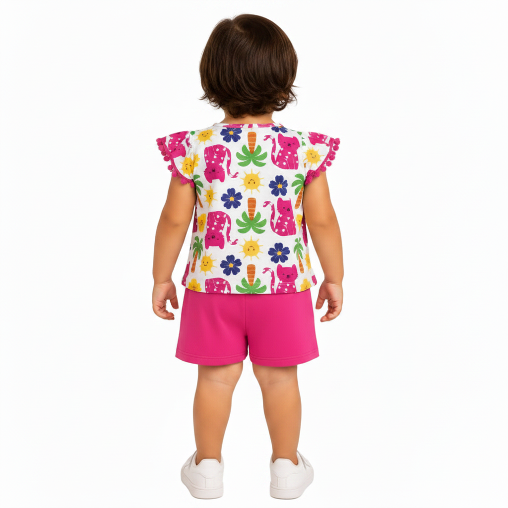 Conjunto Infantil Feminino Kyly Blusa Tropical Gatinhas e Short