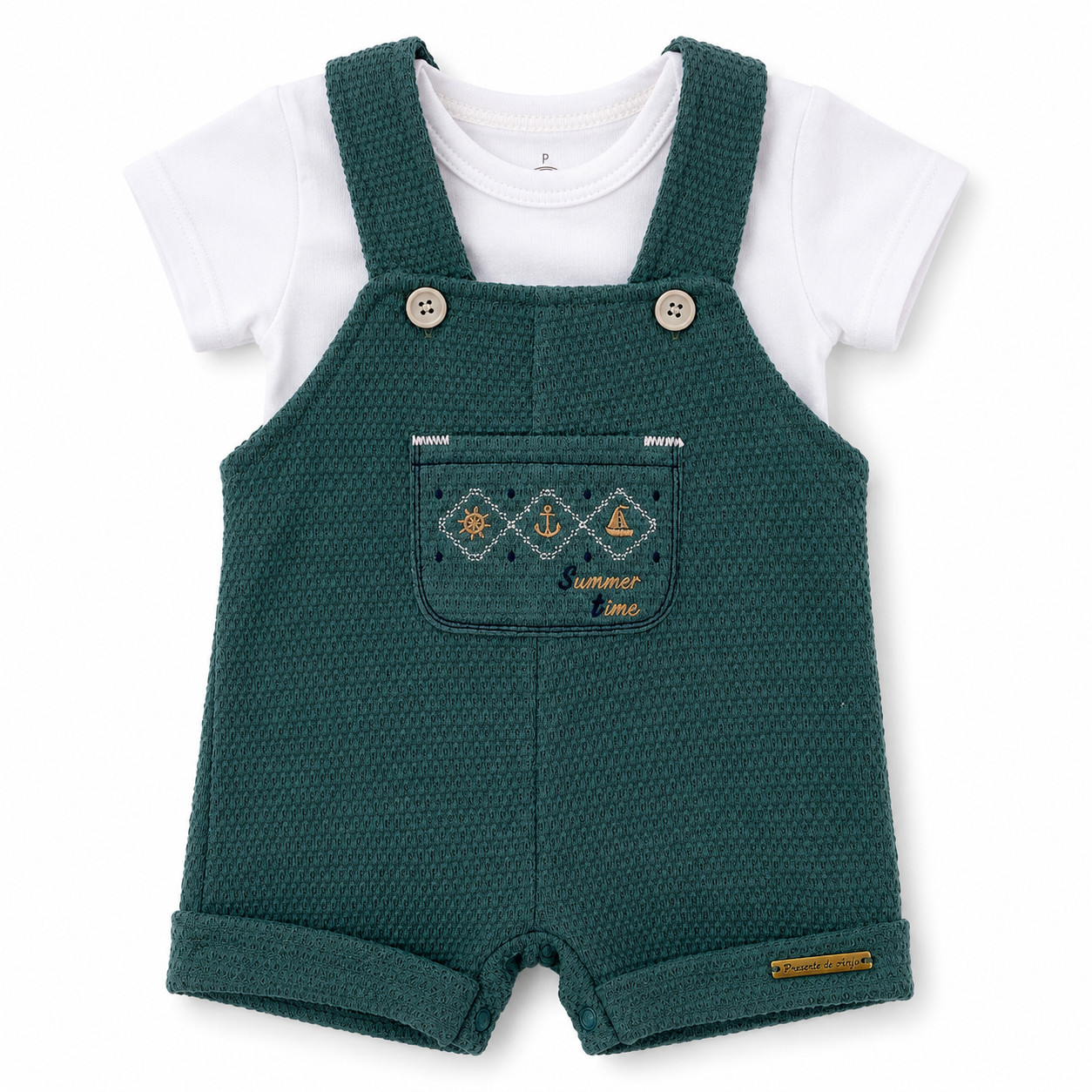 Conjunto Jardineira Masculina Presente de Anjo Tricô com Body