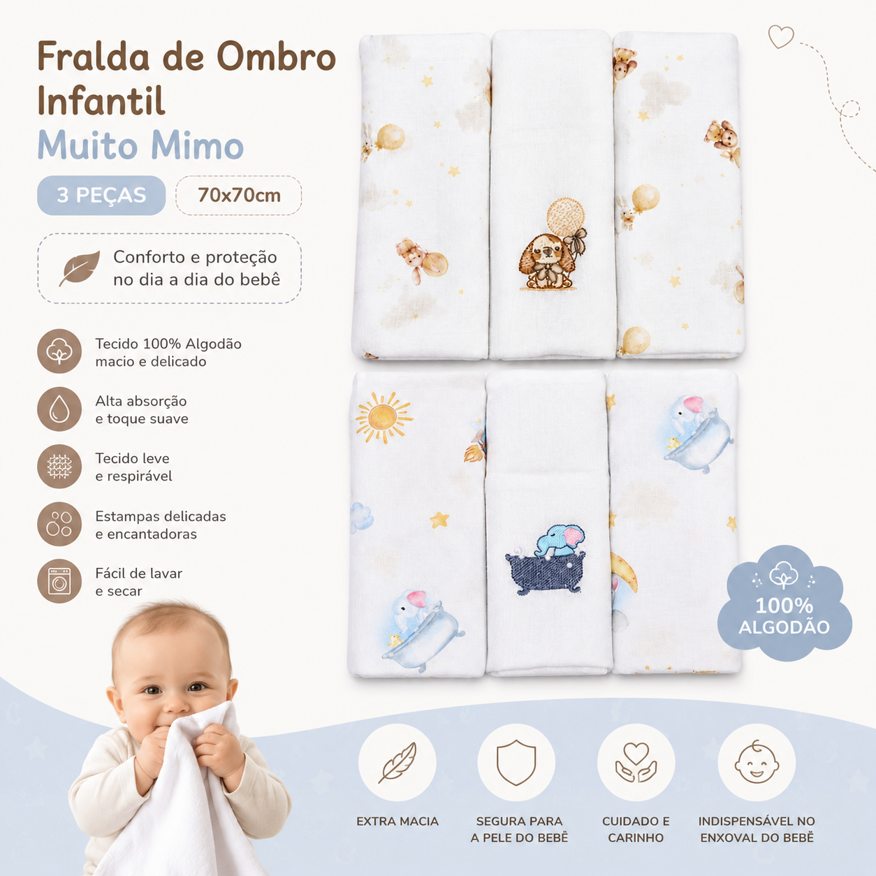 Fralda de Ombro Infantil Muito Mimo Bichinhos 3 Peças 70x70cm